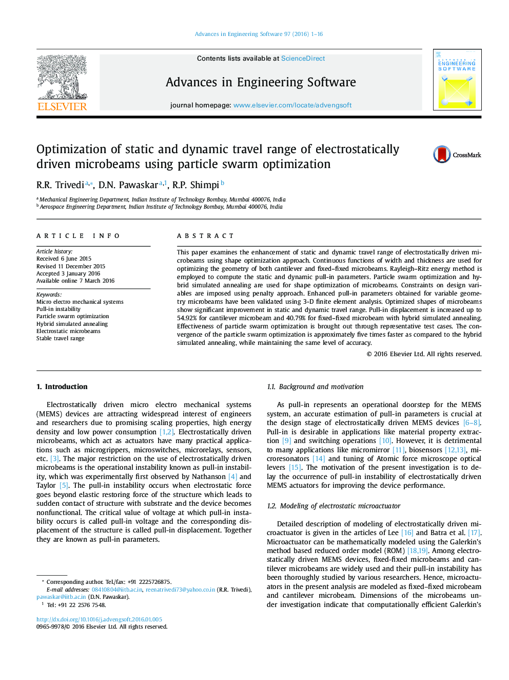 Optimization of static and dynamic travel range of electrostatically driven microbeams using particle swarm optimization