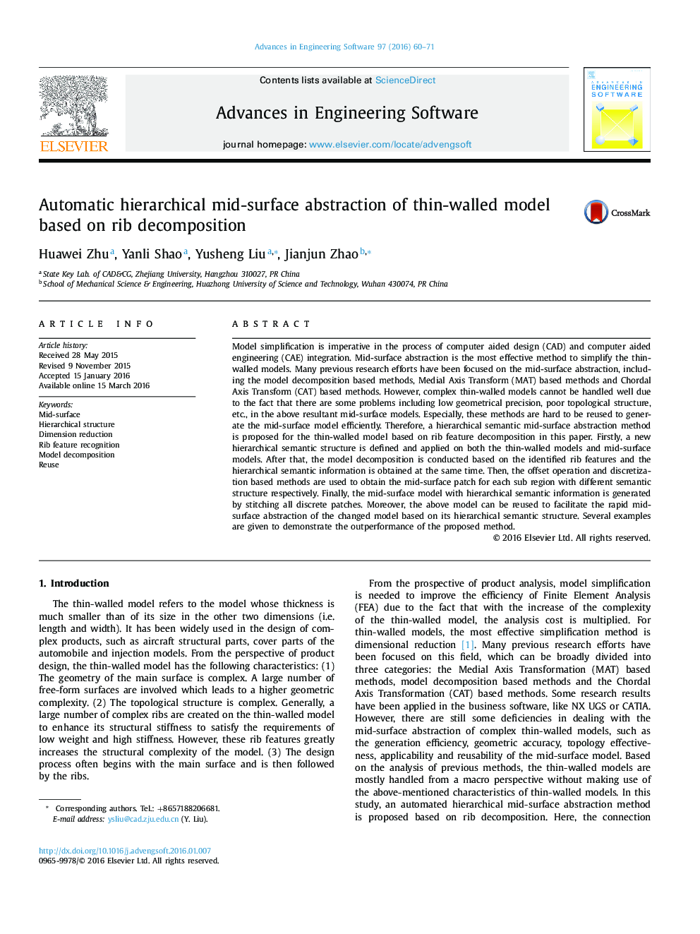 Automatic hierarchical mid-surface abstraction of thin-walled model based on rib decomposition