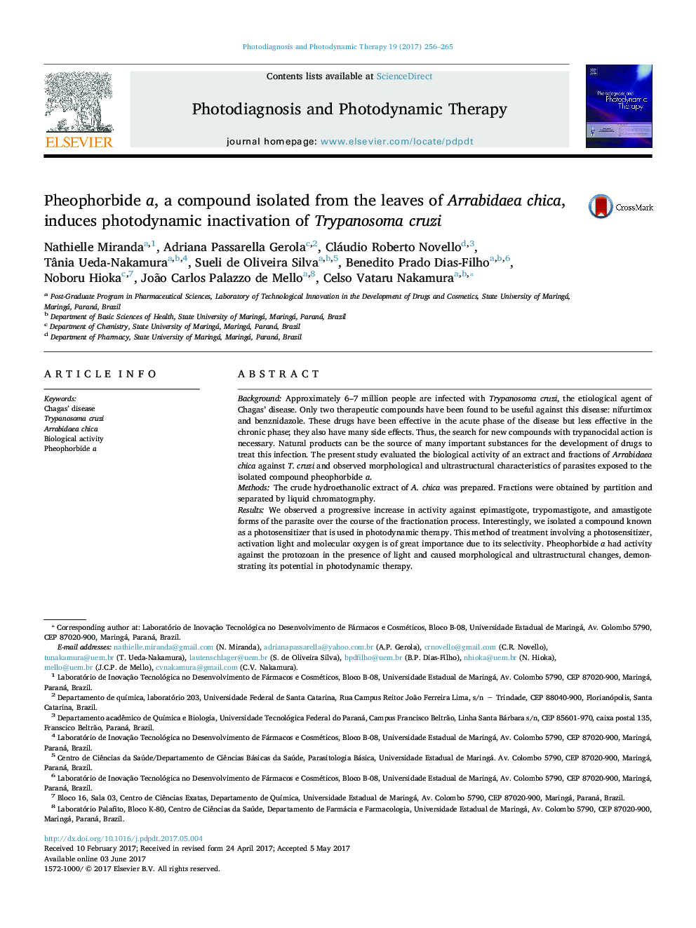 Pheophorbide a, a compound isolated from the leaves of Arrabidaea chica, induces photodynamic inactivation of Trypanosoma cruzi