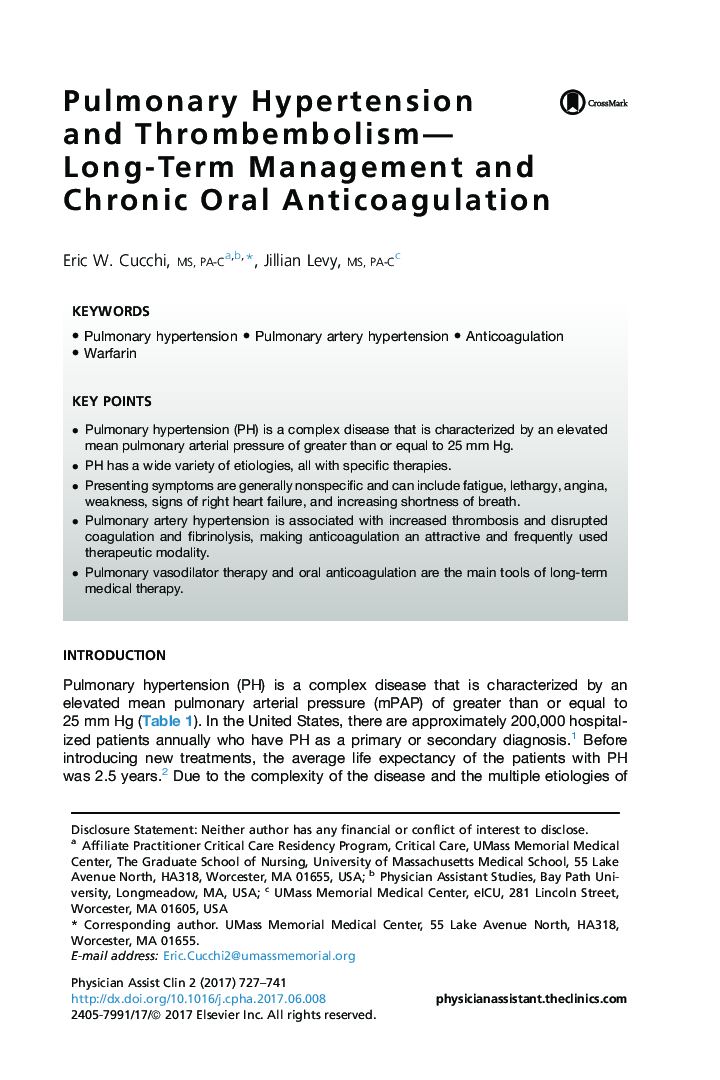 Pulmonary Hypertension and Thrombembolism-Long-Term Management and Chronic Oral Anticoagulation