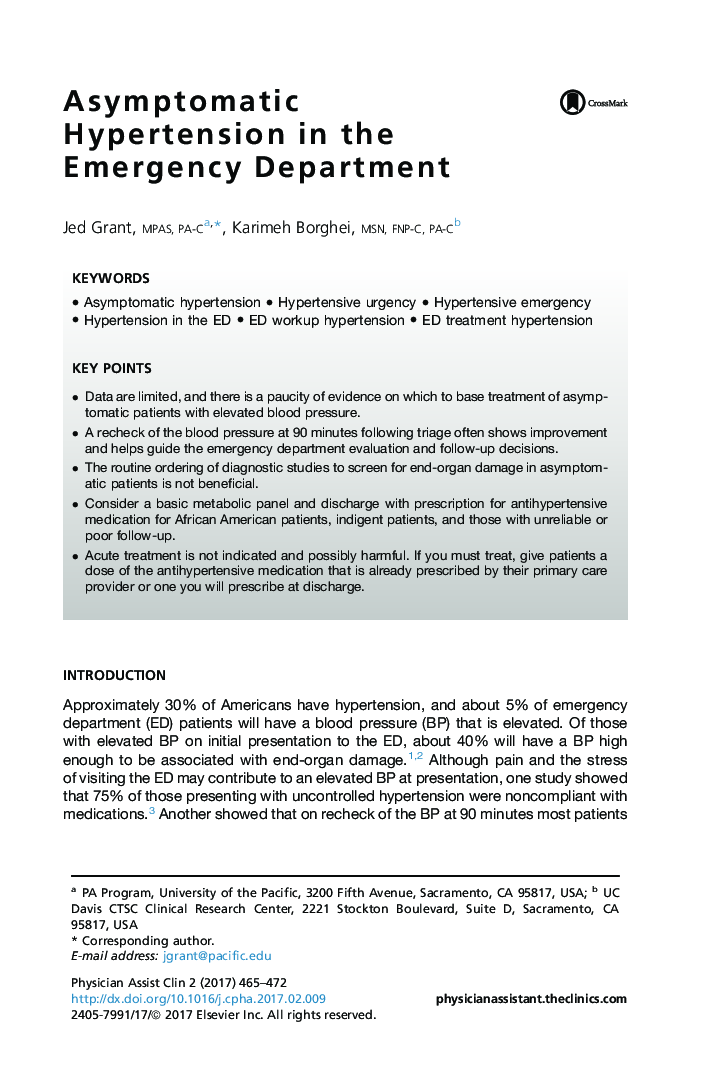 Asymptomatic Hypertension in the Emergency Department