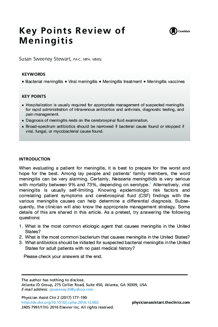 Key Points Review of Meningitis