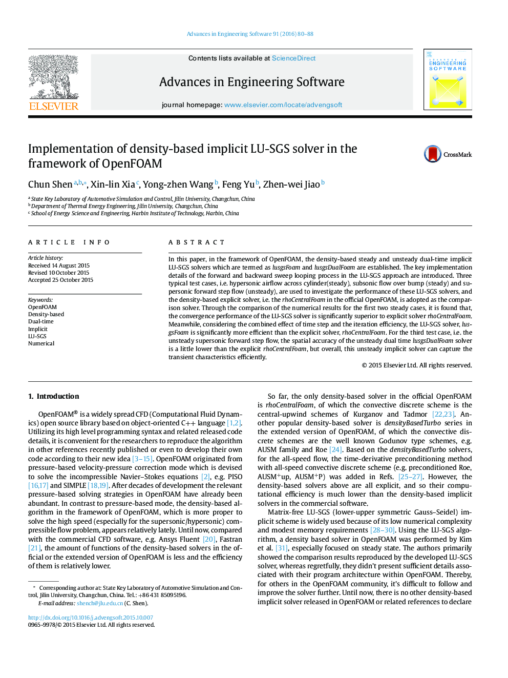 Implementation of density-based implicit LU-SGS solver in the framework of OpenFOAM