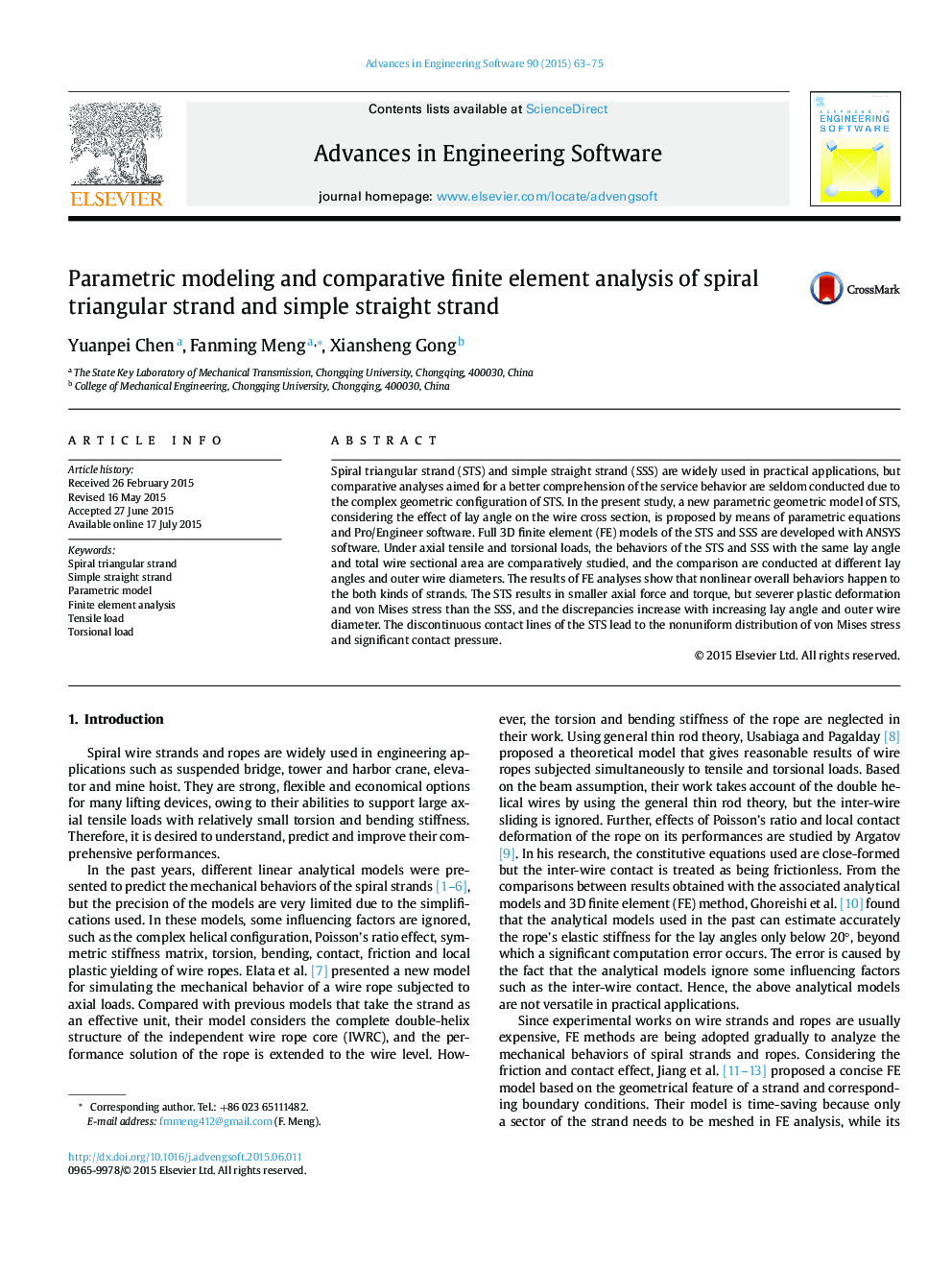 Parametric modeling and comparative finite element analysis of spiral triangular strand and simple straight strand