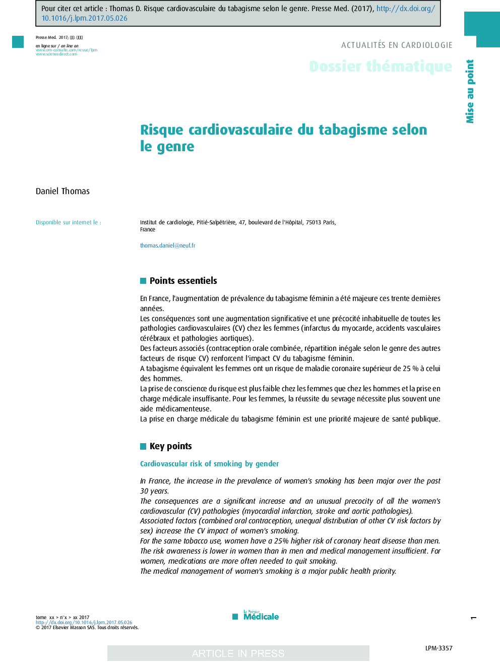 Risque cardiovasculaire du tabagisme selon le genre