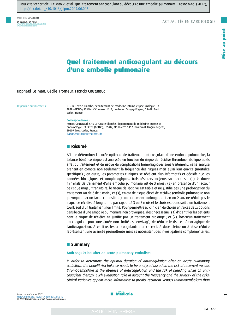Quel traitement anticoagulant au décours d'une embolie pulmonaire