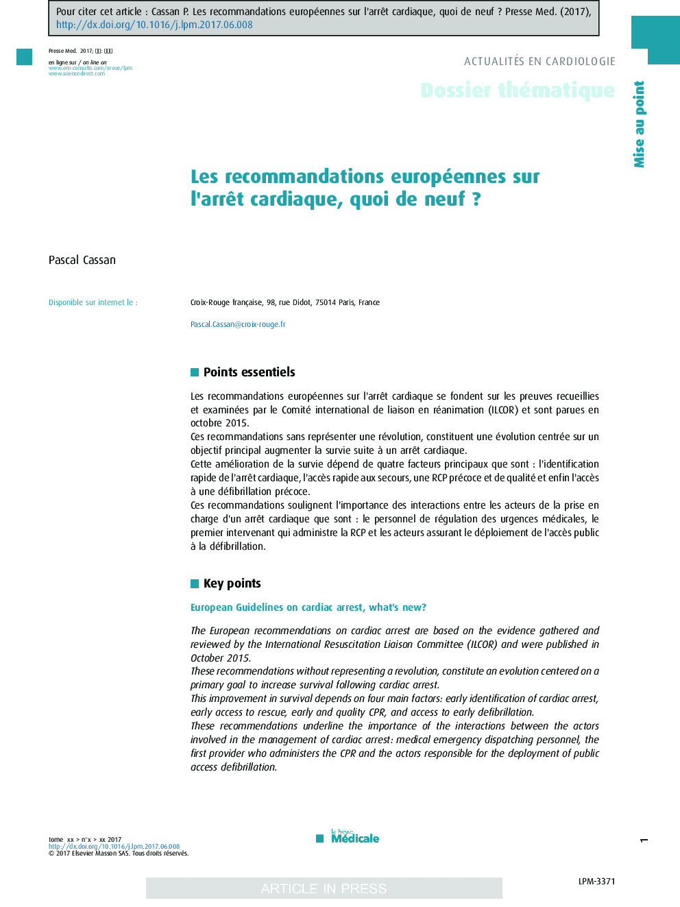 Les recommandations européennes sur l'arrÃªt cardiaque, quoi de neufÂ ?