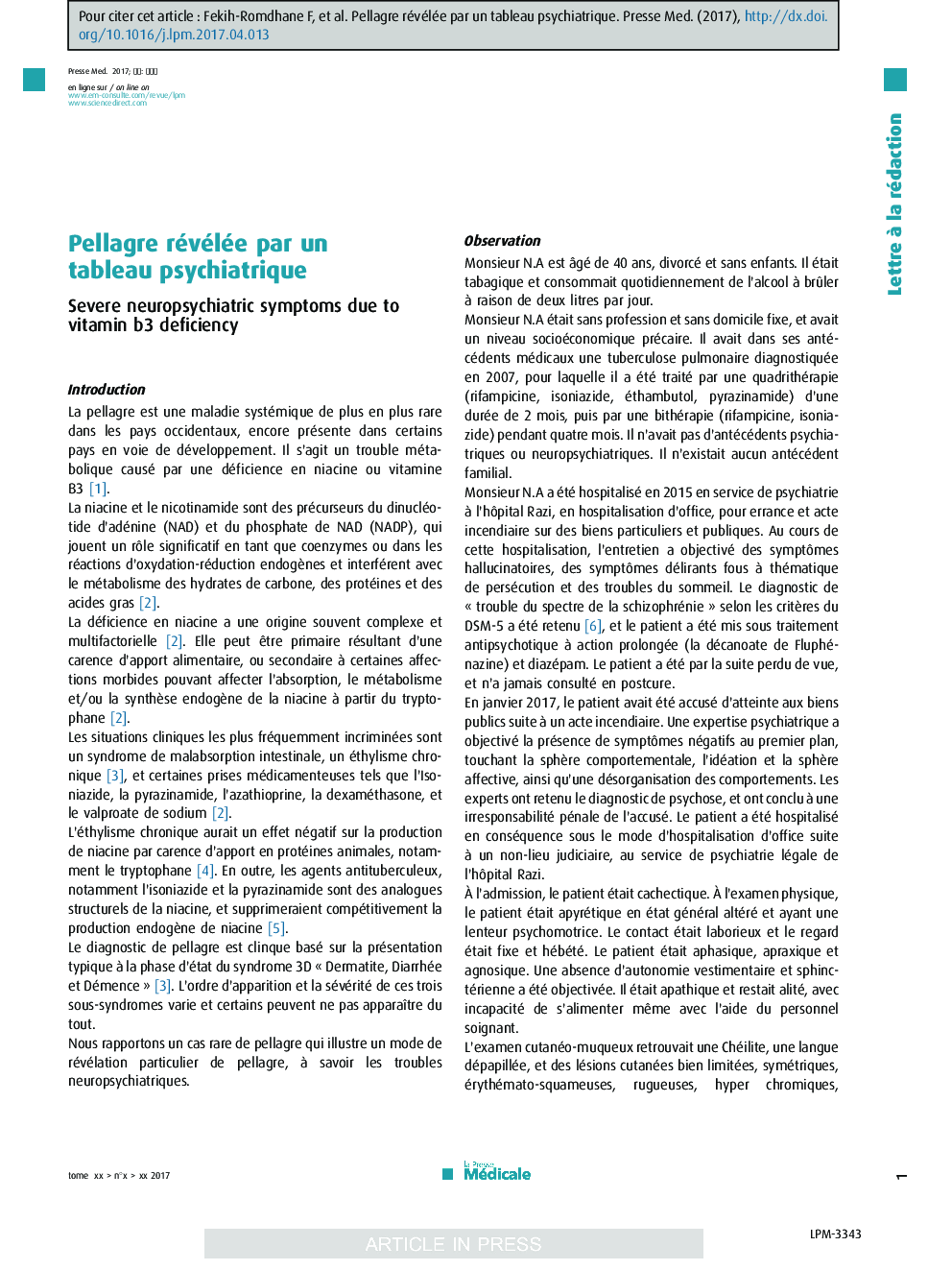 Pellagre révélée par un tableau psychiatrique