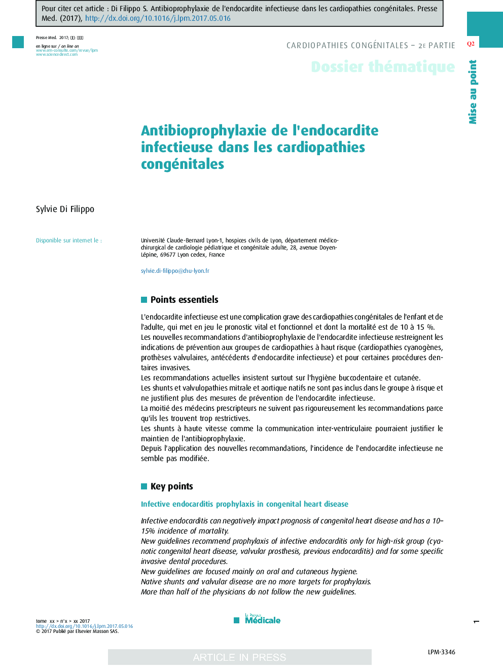 Antibioprophylaxie de l'endocardite infectieuse dans les cardiopathies congénitales