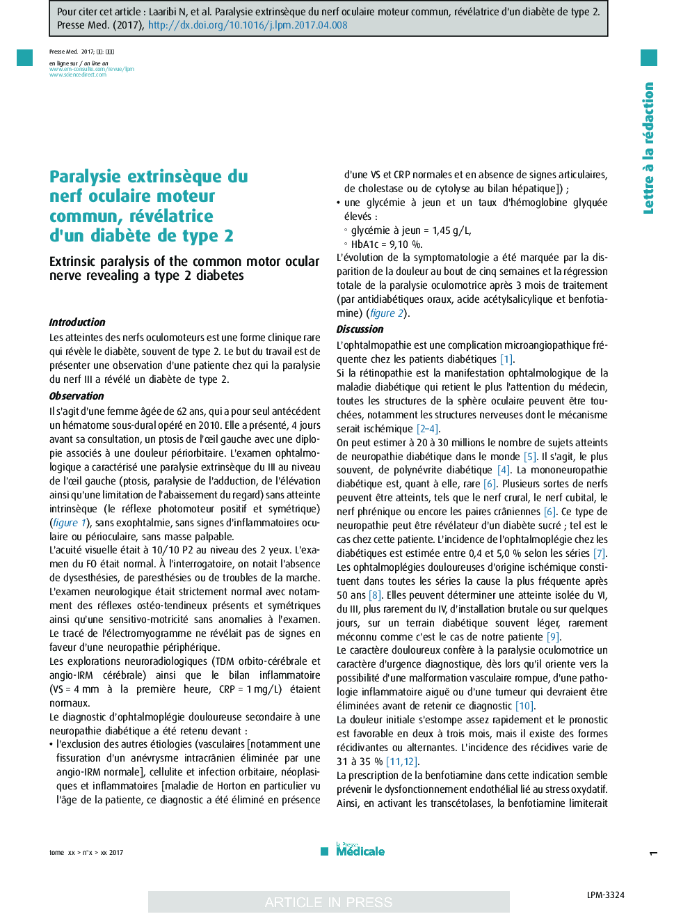 Paralysie extrinsÃ¨que du nerf oculaire moteur commun, révélatrice d'un diabÃ¨te de type 2