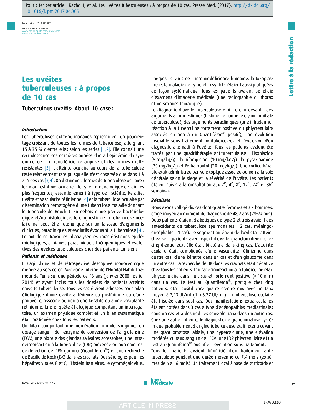 Les uvéites tuberculeusesÂ : Ã  propos de 10Â cas