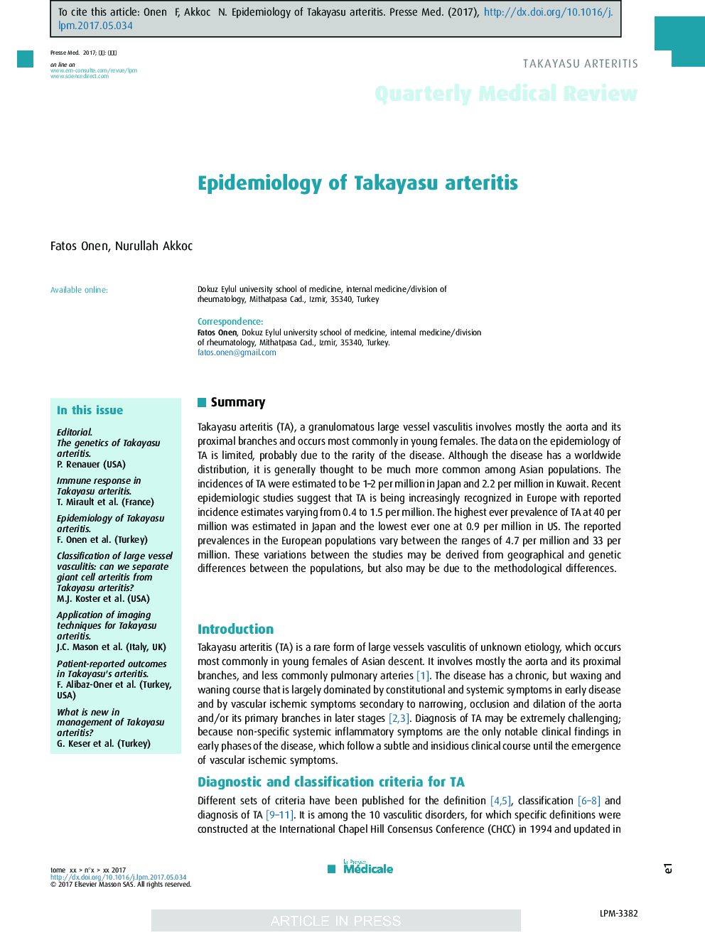 Epidemiology of Takayasu arteritis