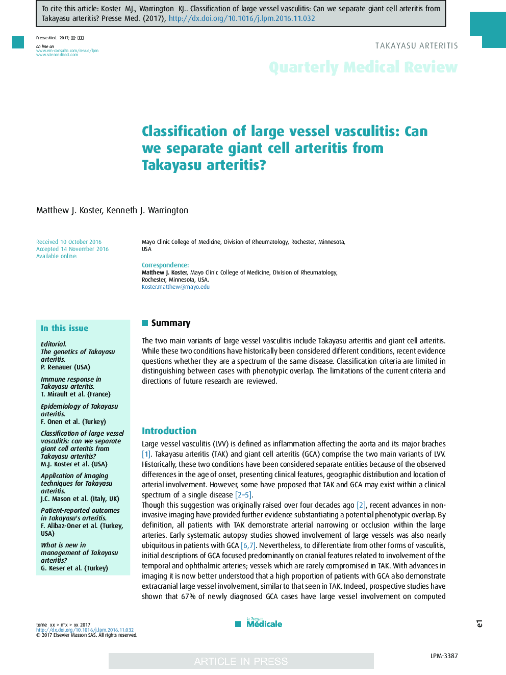 Classification of large vessel vasculitis: Can we separate giant cell arteritis from Takayasu arteritis?