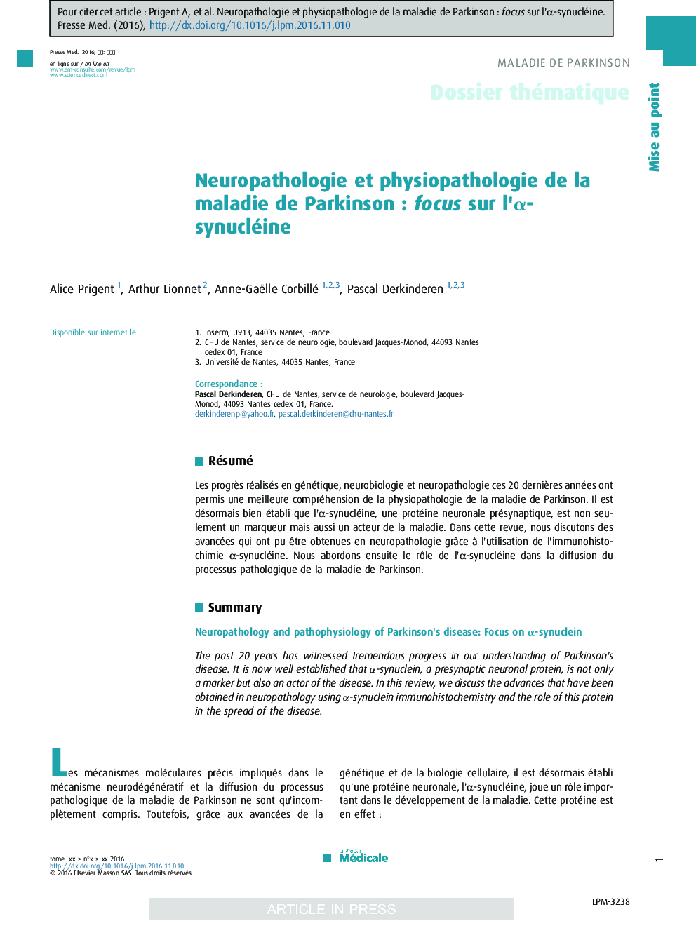 Neuropathologie et physiopathologie de la maladie de ParkinsonÂ : focus sur l'Î±-synucléine
