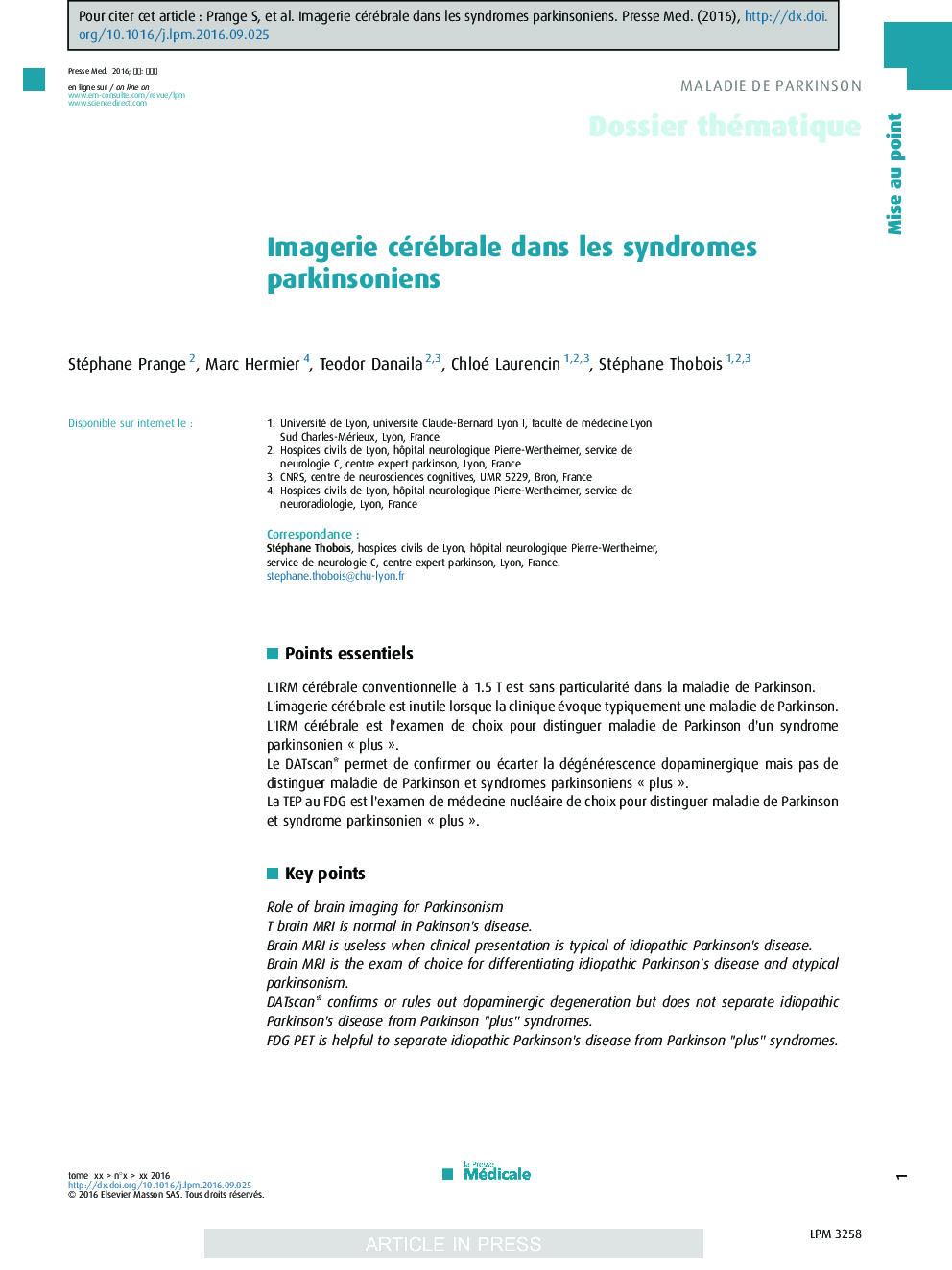 Imagerie cérébrale dans les syndromes parkinsoniens