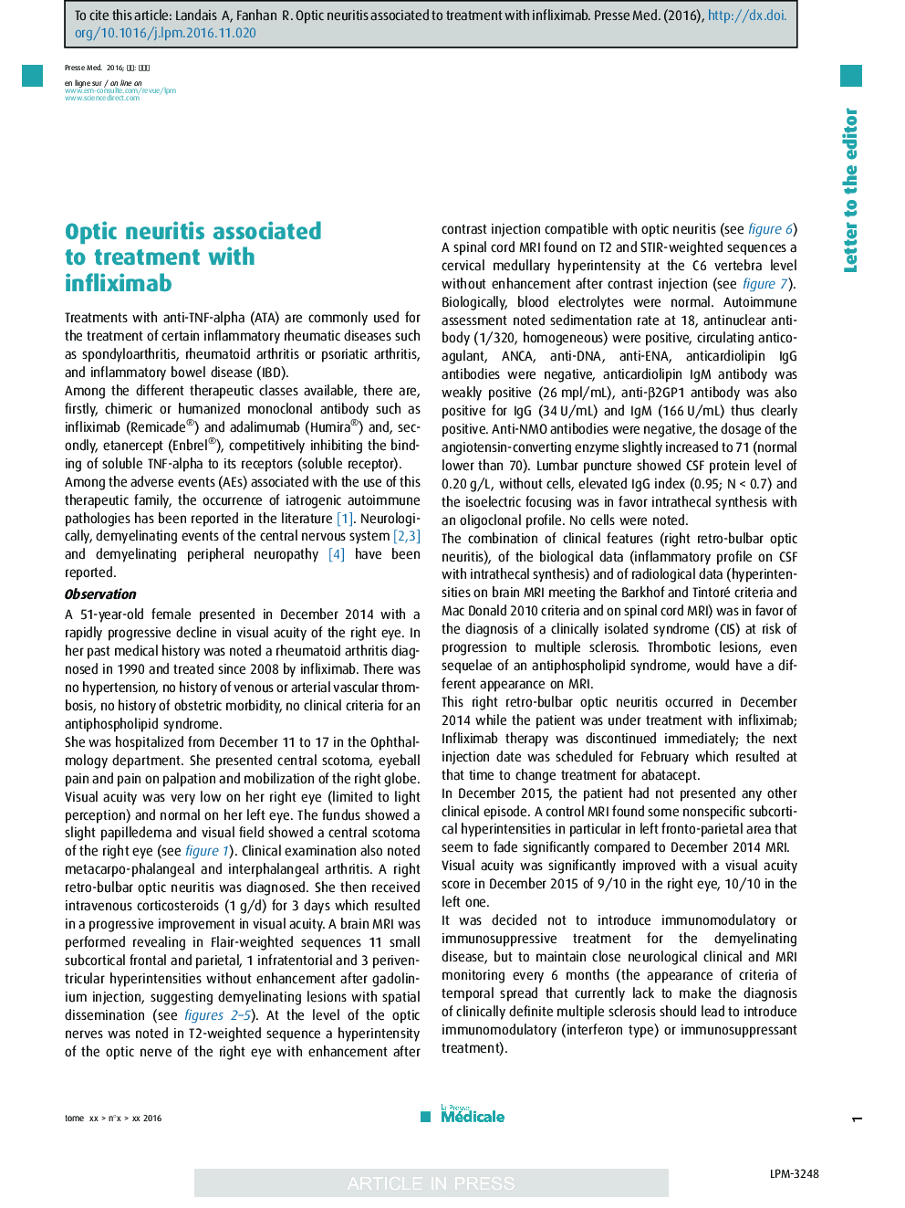Optic neuritis associated to treatment with infliximab