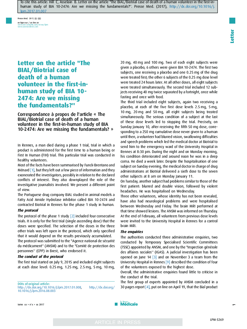Letter on the article “The BIAL/Biotrial case of death of a human volunteer in the first-in-human study of BIA 10-2474: Are we missing the fundamentals?”