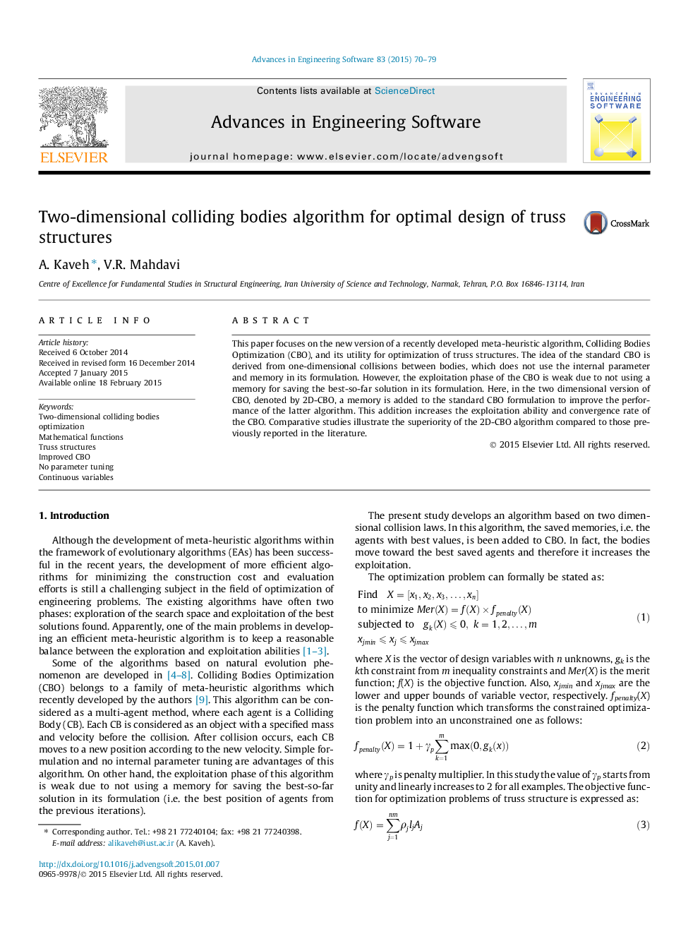 Two-dimensional colliding bodies algorithm for optimal design of truss structures