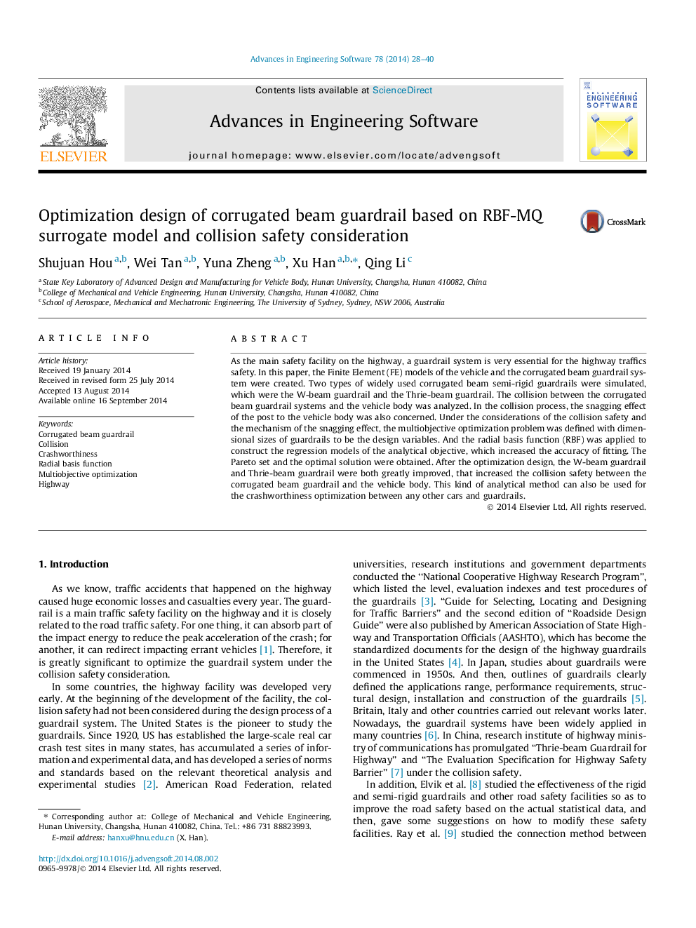 Optimization design of corrugated beam guardrail based on RBF-MQ surrogate model and collision safety consideration