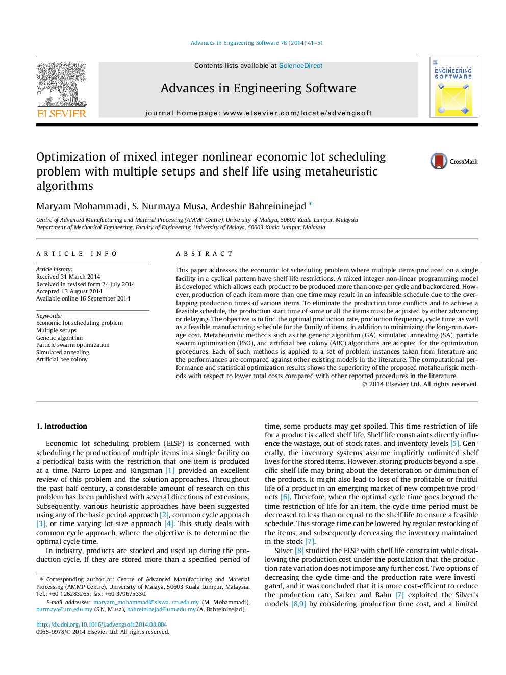 Optimization of mixed integer nonlinear economic lot scheduling problem with multiple setups and shelf life using metaheuristic algorithms