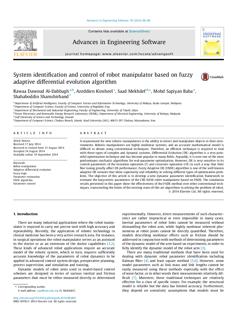 System identification and control of robot manipulator based on fuzzy adaptive differential evolution algorithm