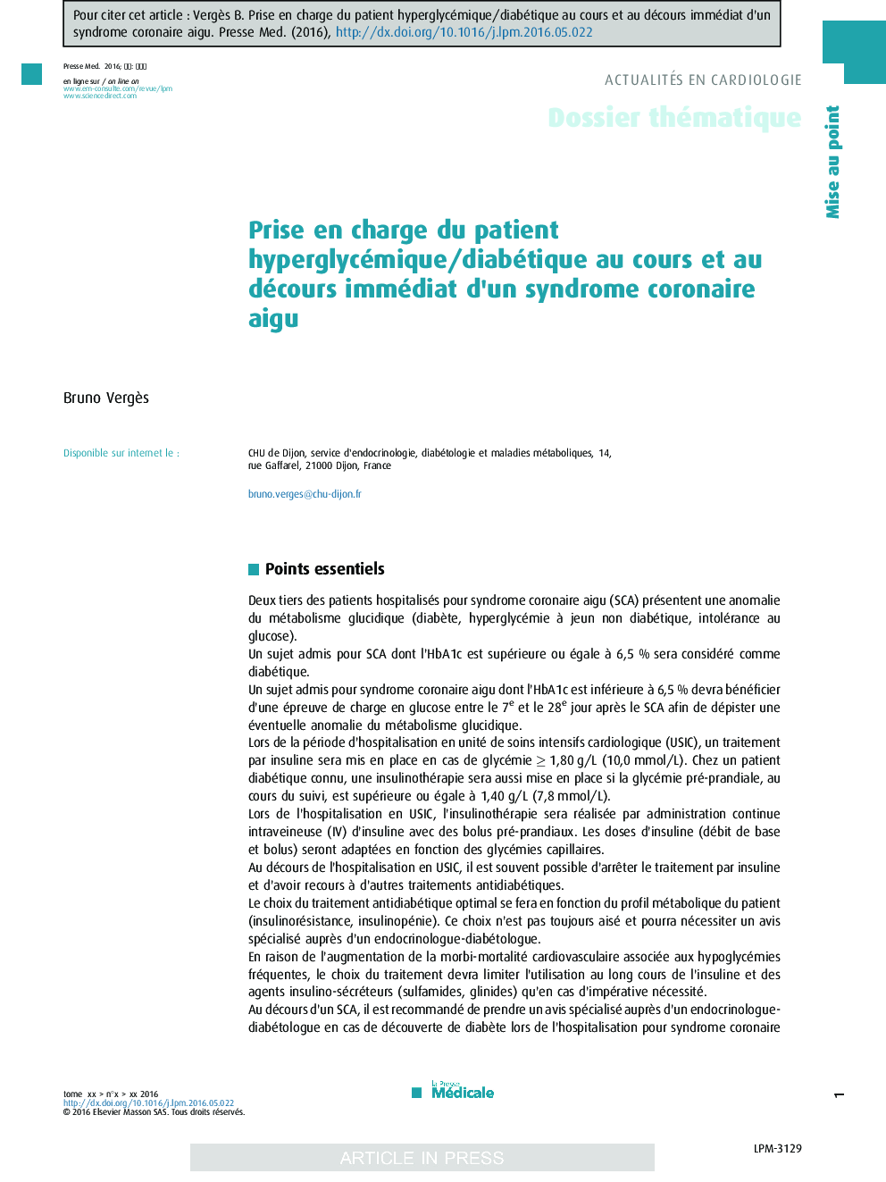 Prise en charge du patient hyperglycémique/diabétique au cours et au décours immédiat d'un syndrome coronaire aigu