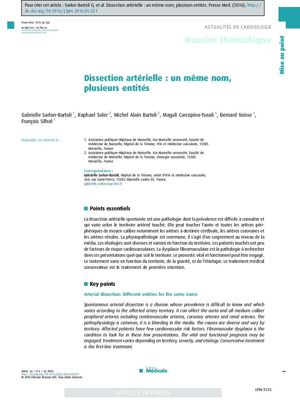 Dissection artérielleÂ : un mÃªme nom, plusieurs entités