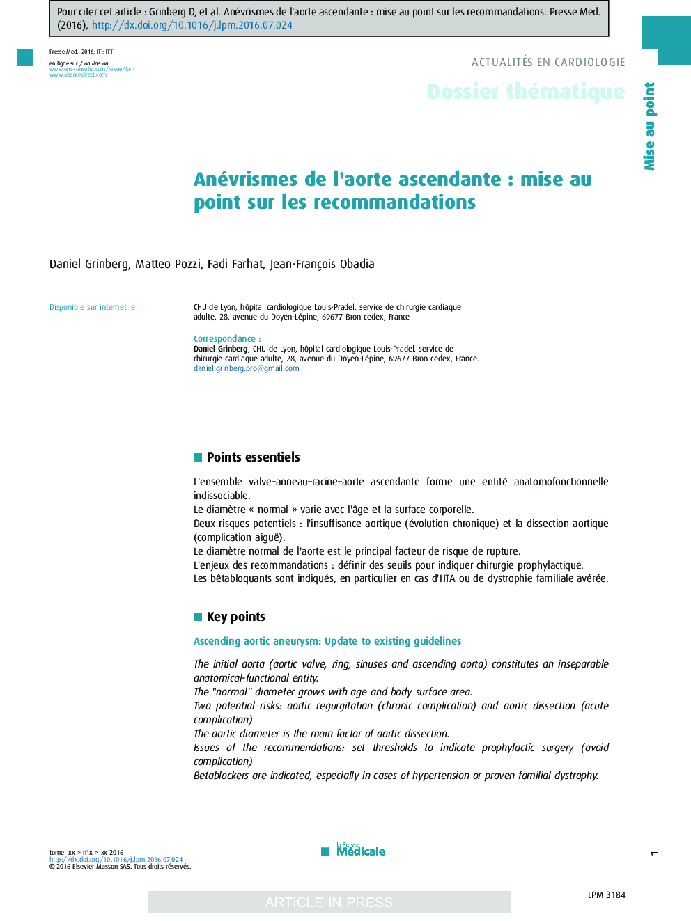 Anévrismes de l'aorte ascendanteÂ : mise au point sur les recommandations