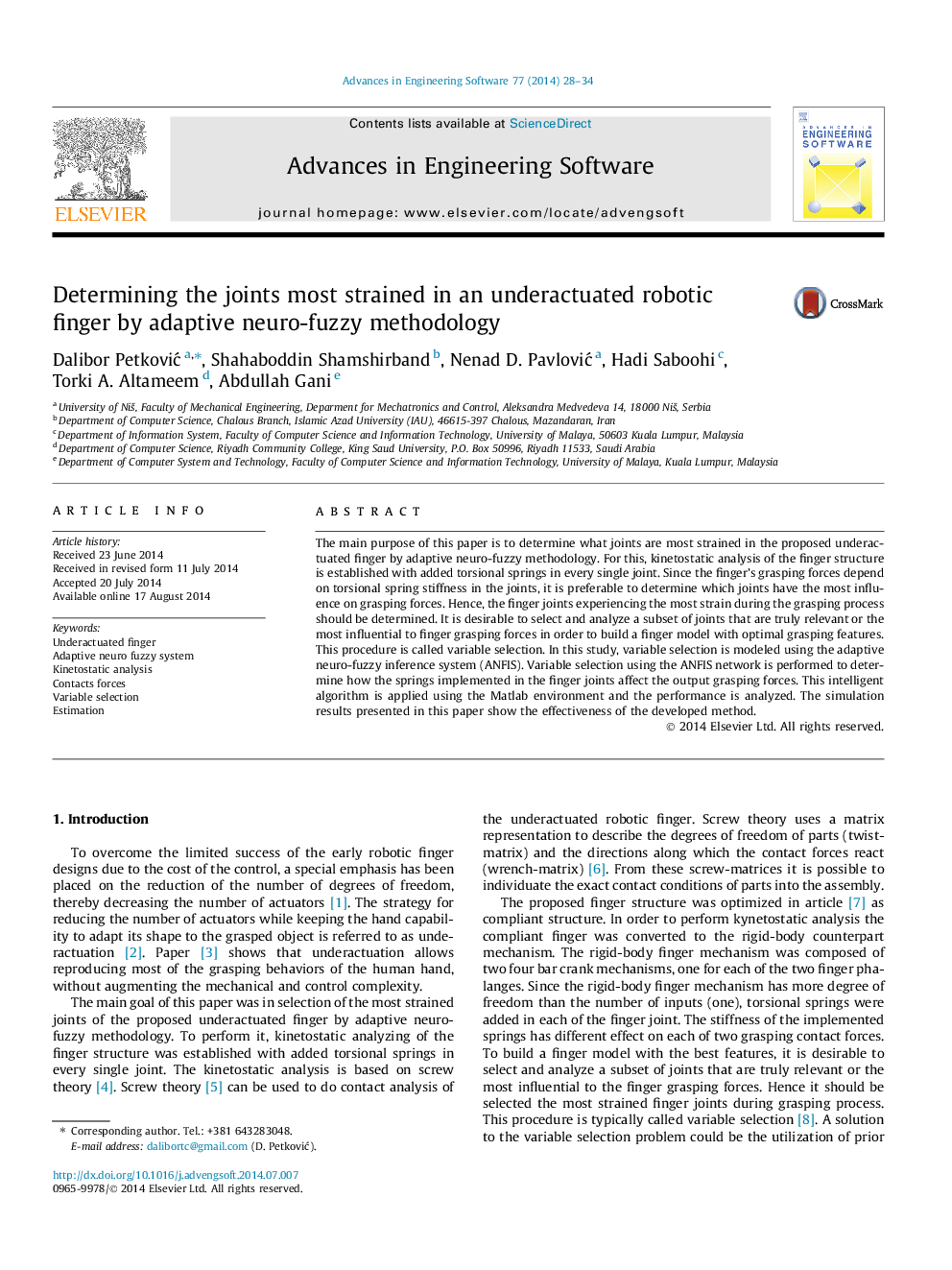 Determining the joints most strained in an underactuated robotic finger by adaptive neuro-fuzzy methodology