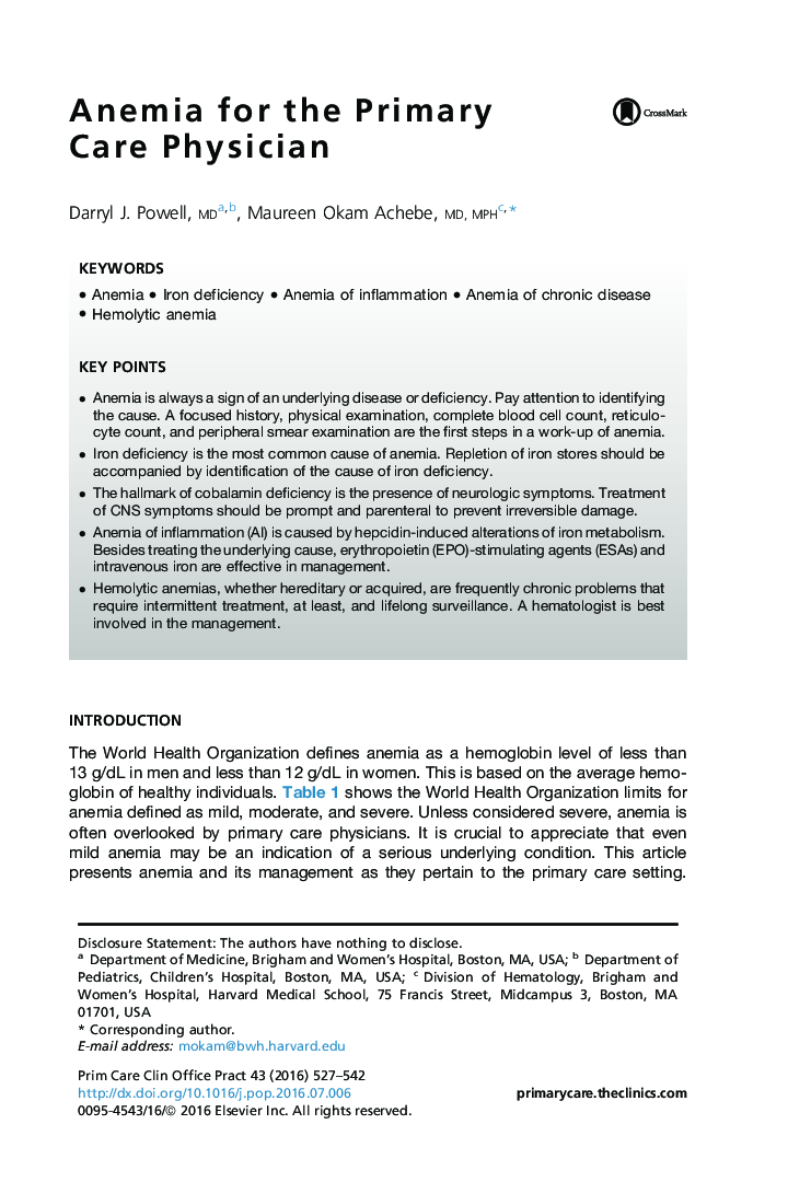 Anemia for the Primary Care Physician