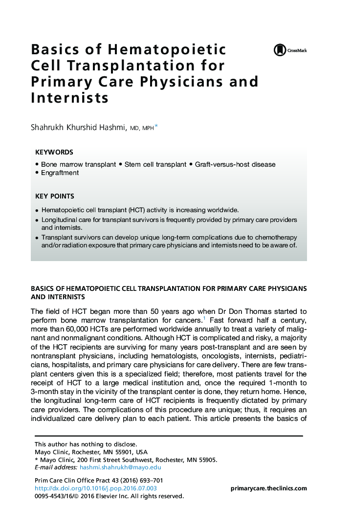 Basics of Hematopoietic Cell Transplantation for Primary Care Physicians and Internists