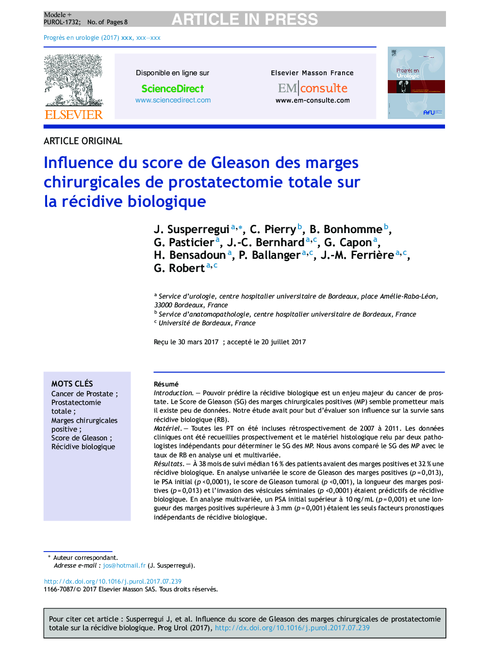 Influence du score de Gleason des marges chirurgicales de prostatectomie totale sur la récidive biologique