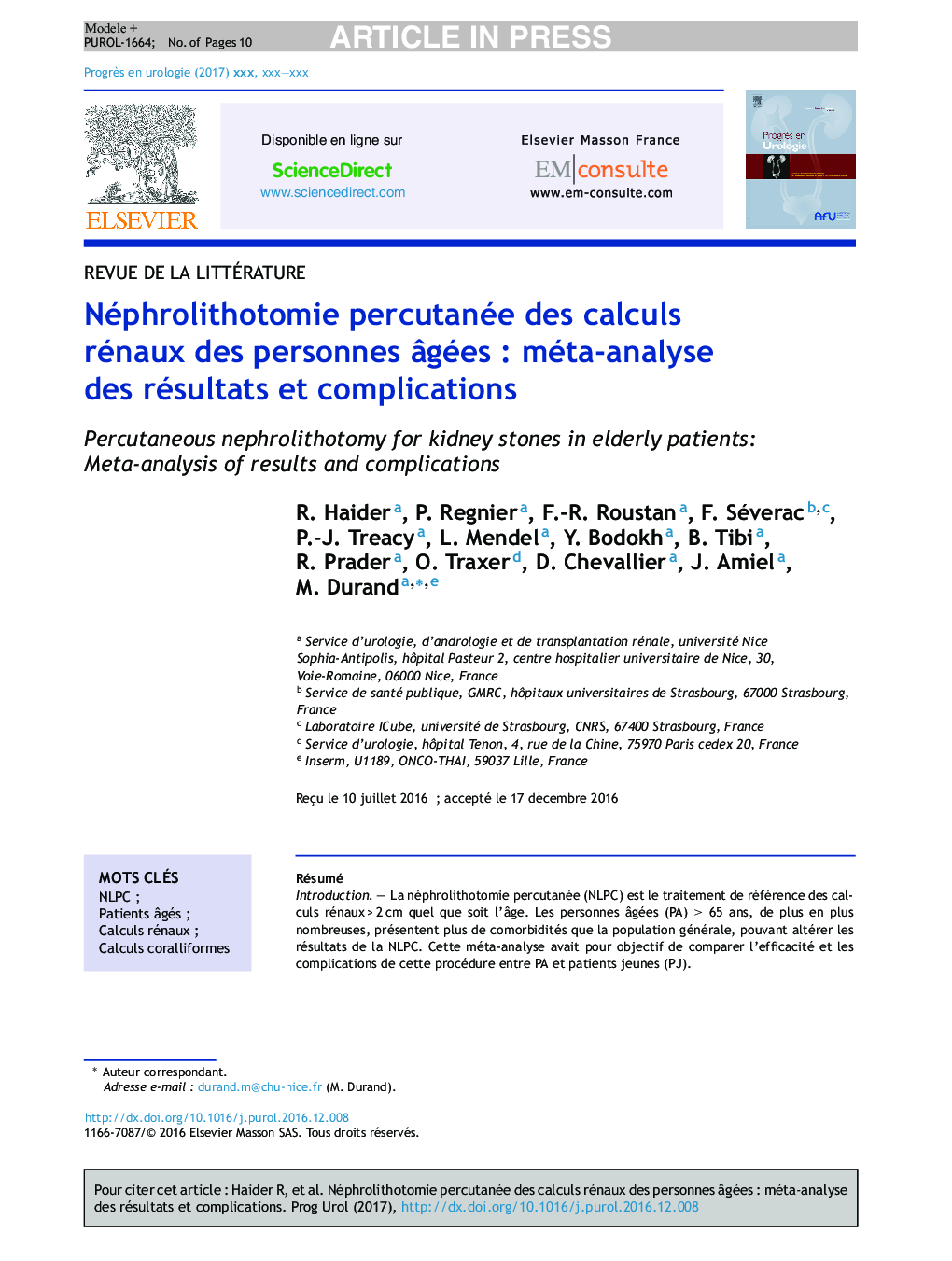 Néphrolithotomie percutanée des calculs rénaux des personnes Ã¢géesÂ : méta-analyse des résultats et complications