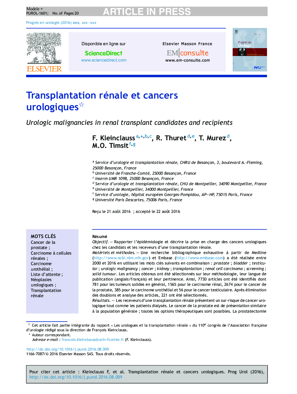 Transplantation rénale et cancers urologiques