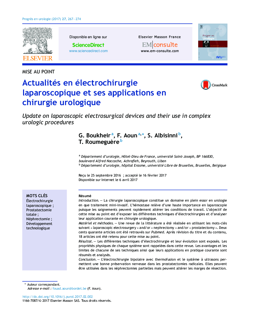 Actualités en électrochirurgie laparoscopique et ses applications en chirurgie urologique