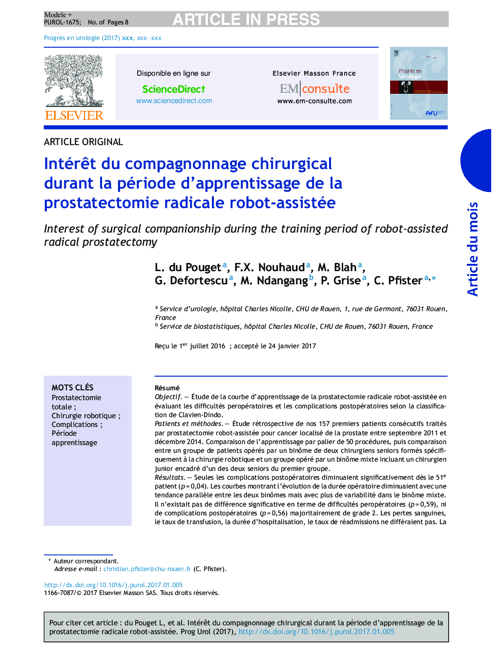 IntérÃªt du compagnonnage chirurgical durant la période d'apprentissage de la prostatectomie radicale robot-assistée