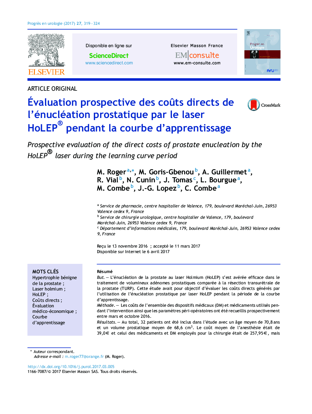 Ãvaluation prospective des coÃ»ts directs de l'énucléation prostatique par le laser HoLEP® pendant la courbe d'apprentissage