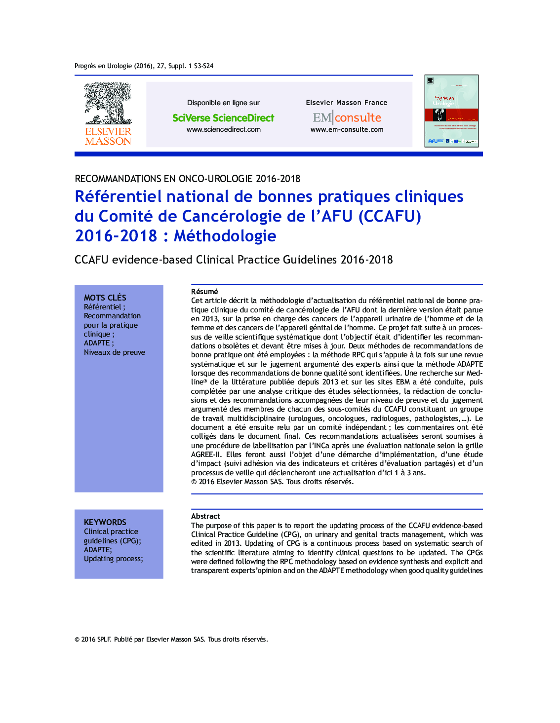 Référentiel national de bonnes pratiques cliniques du Comité de Cancérologie de l'AFU (CCAFU) 2016-2018 : Méthodologie