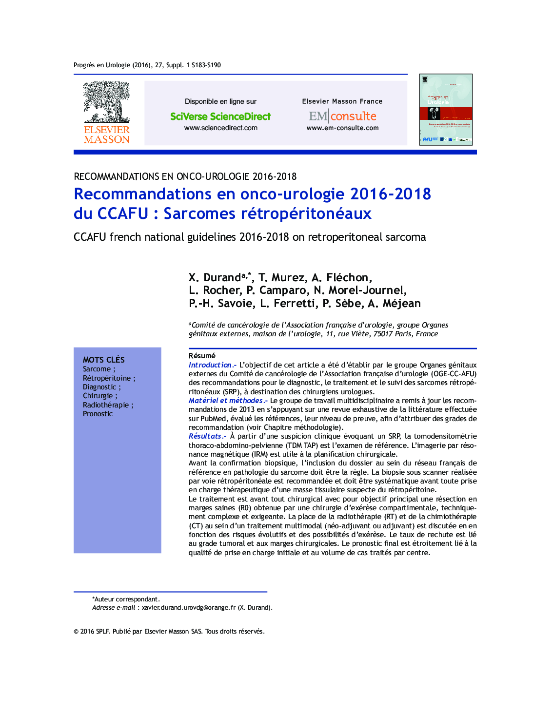 Recommandations en onco-urologie 2016-2018 du CCAFU : Sarcomes rétropéritonéaux