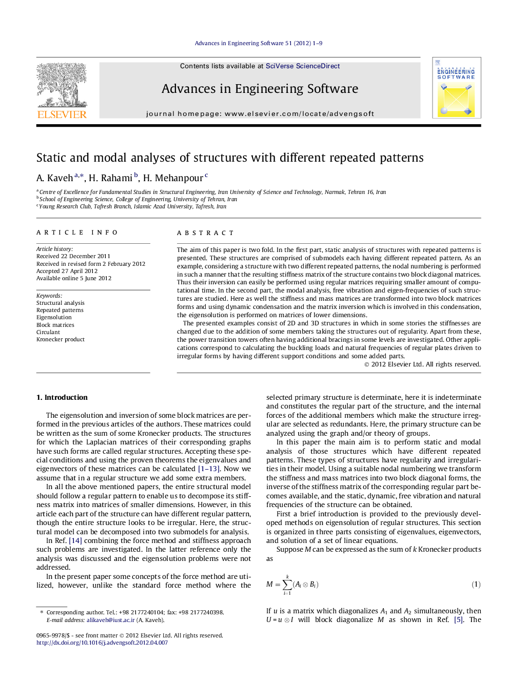 Static and modal analyses of structures with different repeated patterns