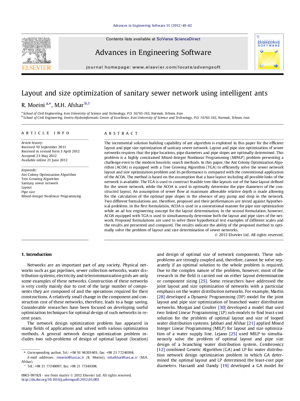 Layout and size optimization of sanitary sewer network using intelligent ants