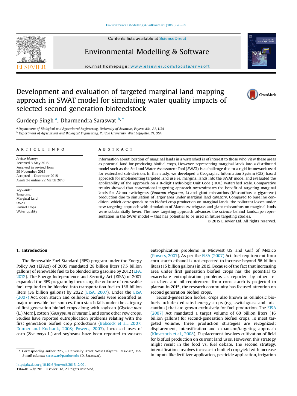 Development and evaluation of targeted marginal land mapping approach in SWAT model for simulating water quality impacts of selected second generation biofeedstock