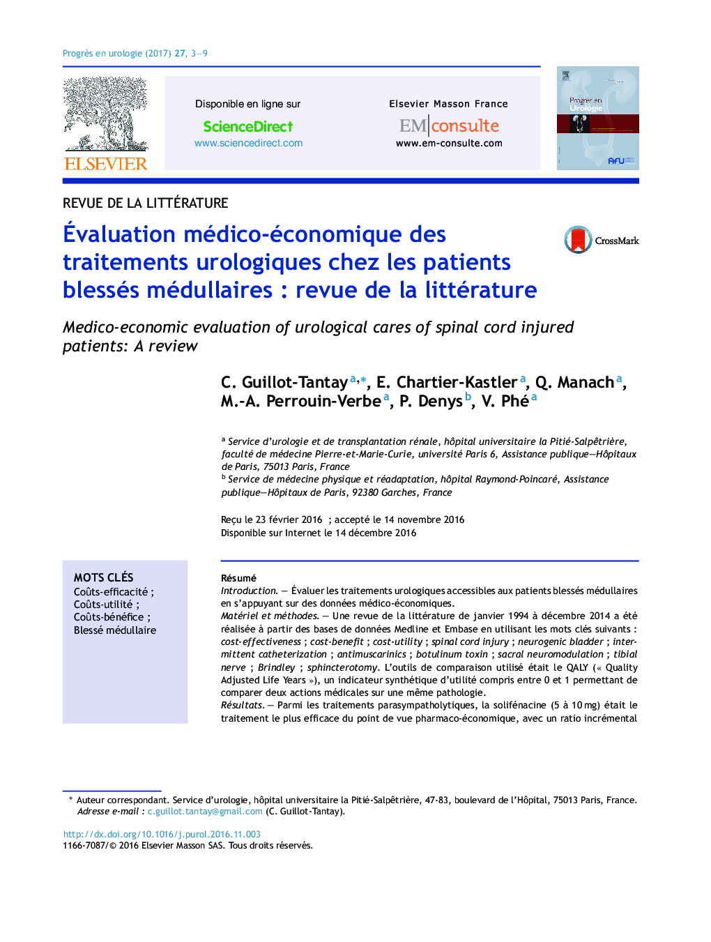 Ãvaluation médico-économique des traitements urologiques chez les patients blessés médullairesÂ : revue de la littérature