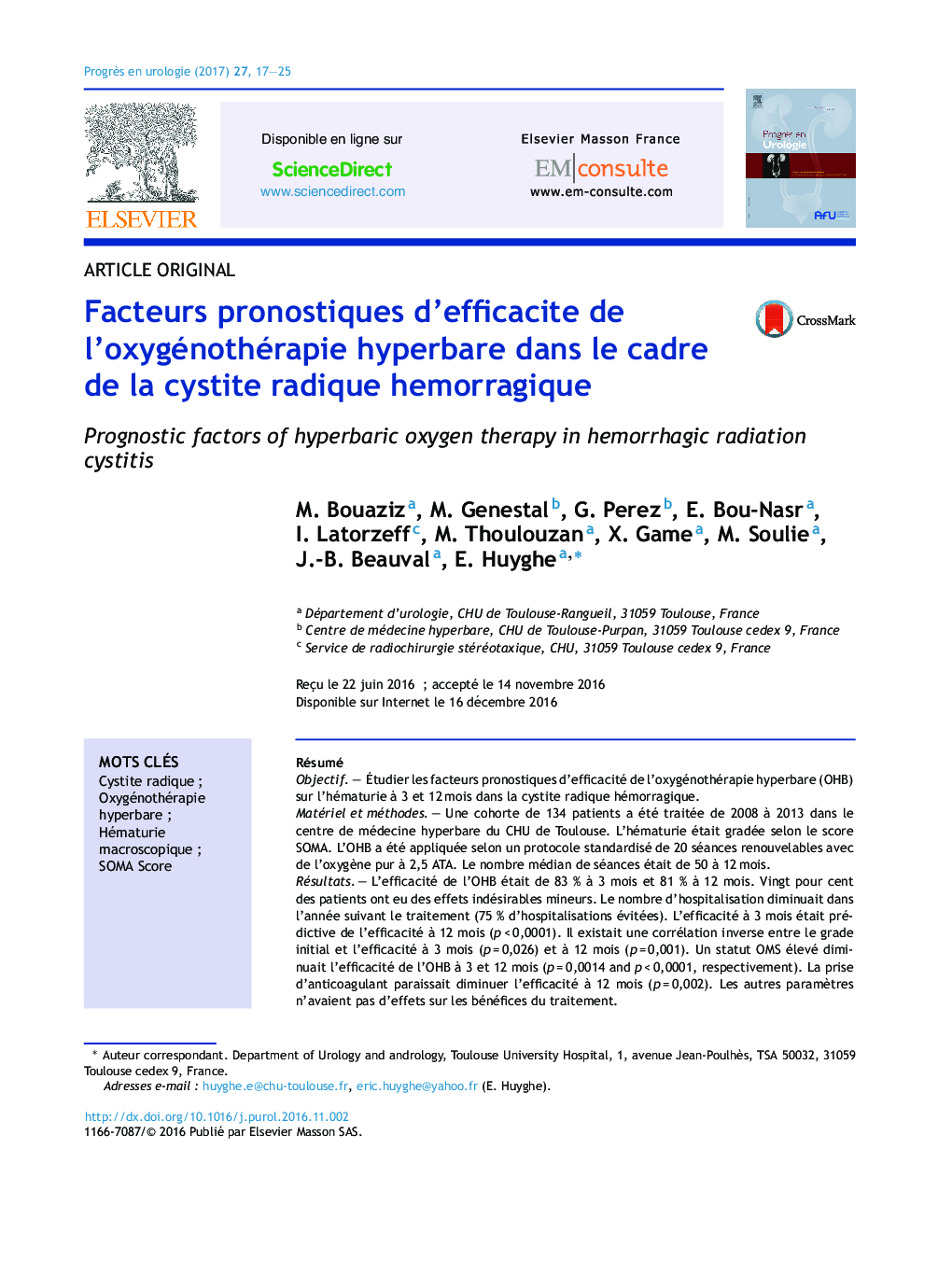 Facteurs pronostiques d'efficacite de l'oxygénothérapie hyperbare dans le cadre de la cystite radique hemorragique