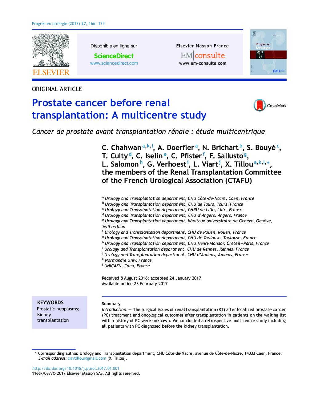 Prostate cancer before renal transplantation: A multicentre study