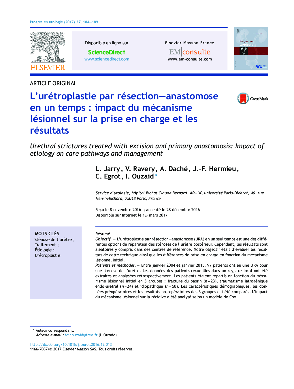 L'urétroplastie par résection-anastomose en un tempsÂ : impact du mécanisme lésionnel sur la prise en charge et les résultats