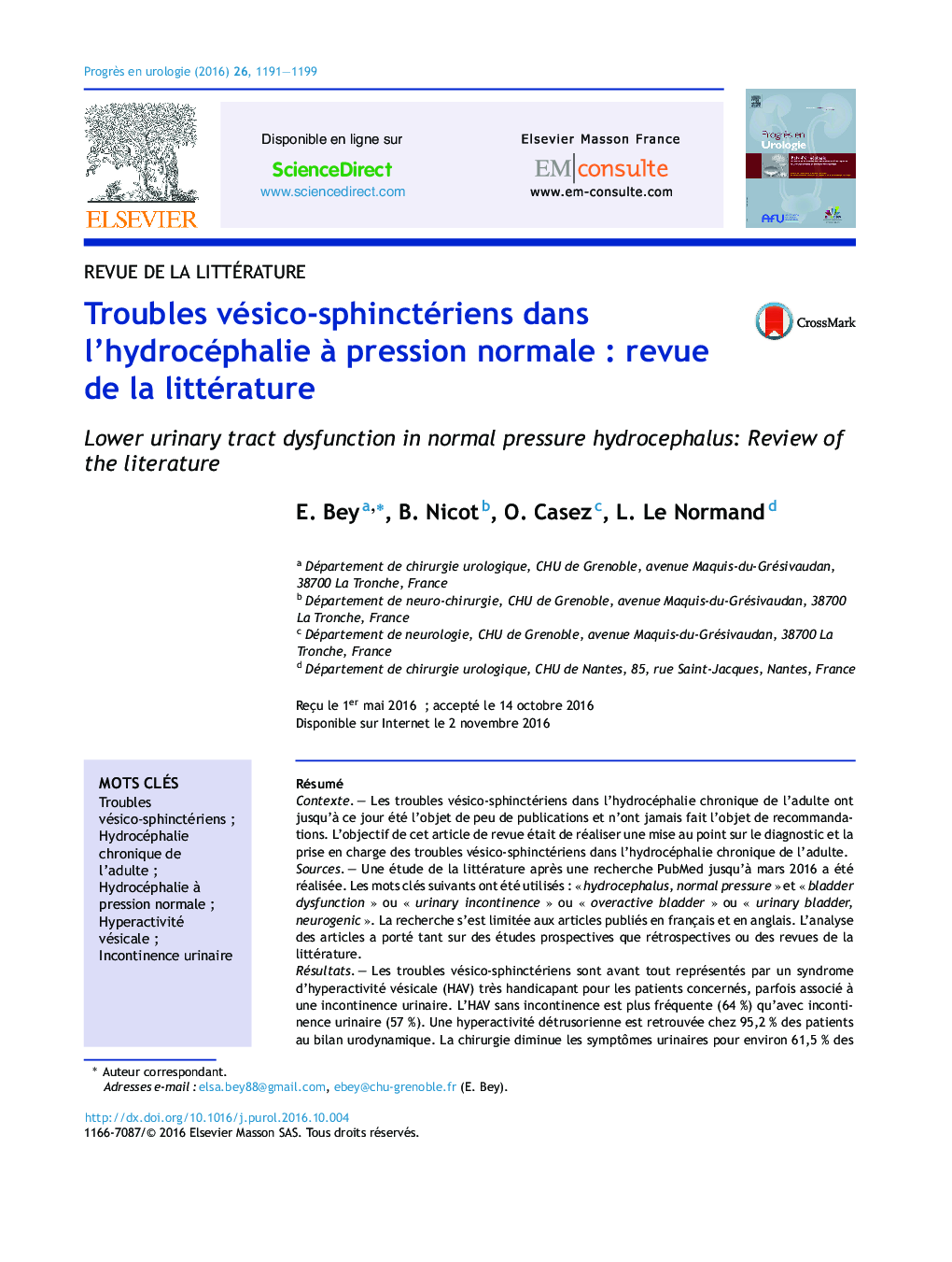 Troubles vésico-sphinctériens dans l'hydrocéphalie Ã  pression normaleÂ : revue de la littérature