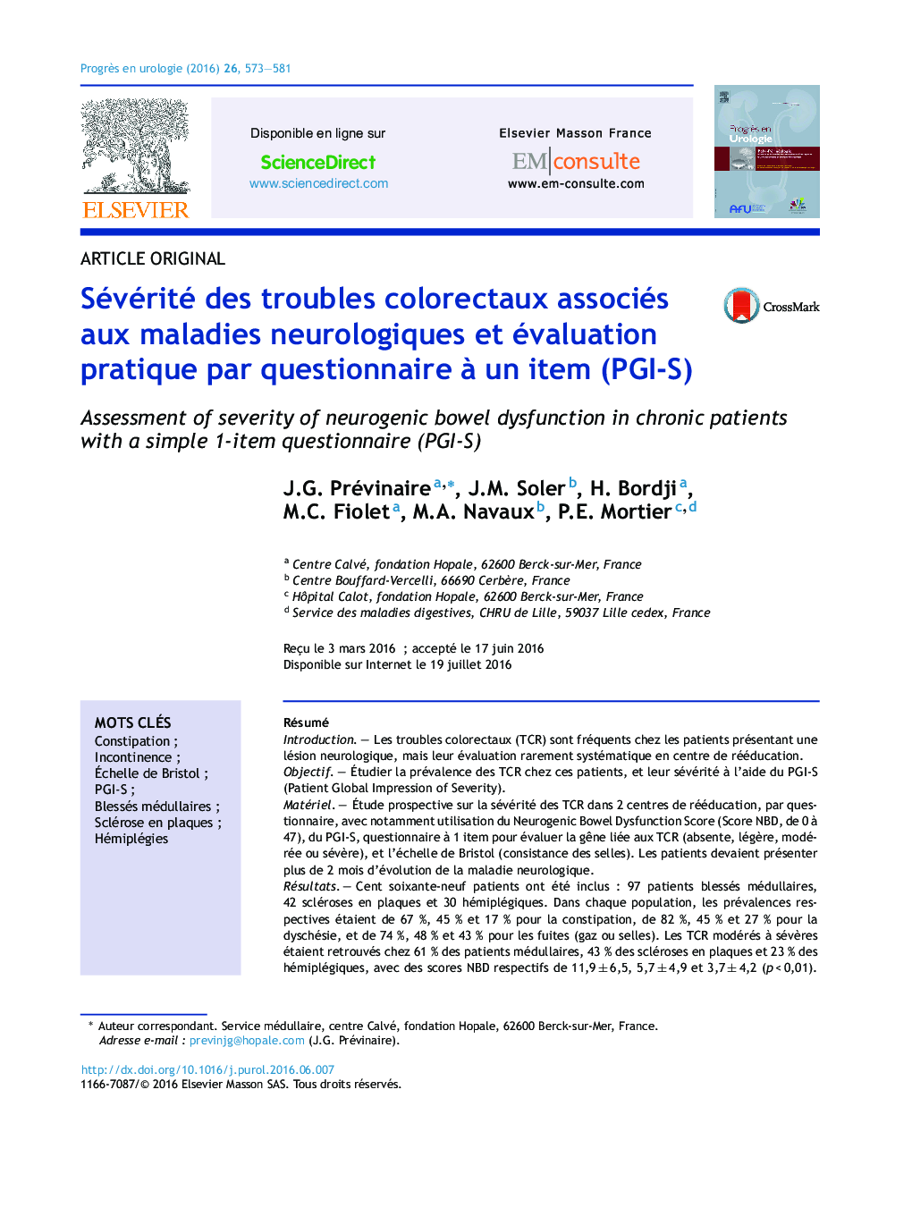 Sévérité des troubles colorectaux associés aux maladies neurologiques et évaluation pratique par questionnaire Ã  un item (PGI-S)