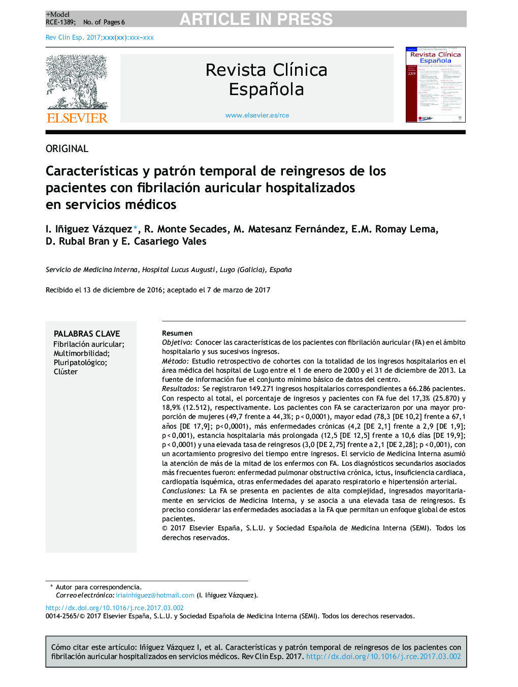 CaracterÃ­sticas y patrón temporal de reingresos de los pacientes con fibrilación auricular hospitalizados en servicios médicos