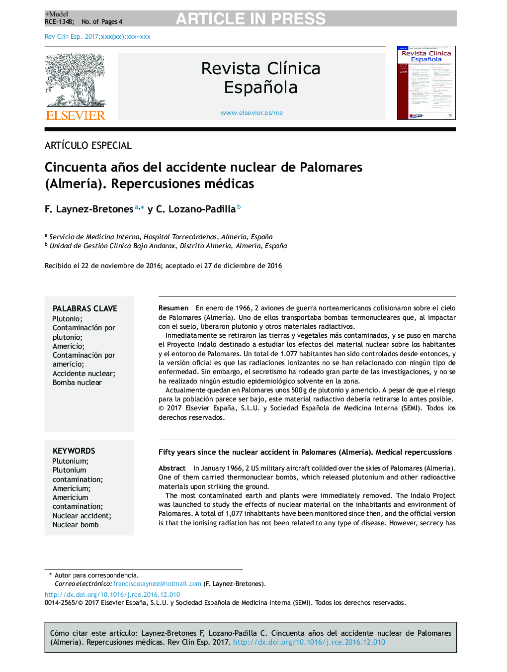 Cincuenta años del accidente nuclear de Palomares (AlmerÃ­a). Repercusiones médicas